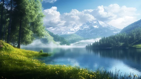 Alpine lake reflects snow peaks under luminous summer sky.