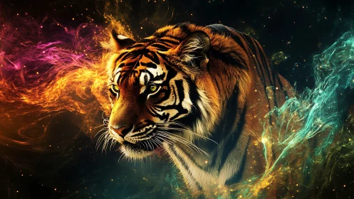 Nebula-lit tiger walks through swirling cosmic embers tonight