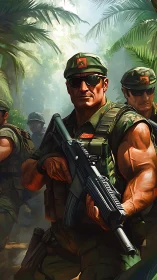 Elite jungle soldiers advance through misty tropical foliage