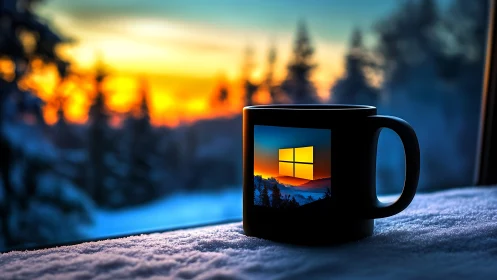 Snowlit sunrise mug holds a glowing pixel window portal.