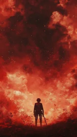 Solitary Figure Stands Against Inferno Sky.