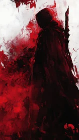 Crimson cloaked wanderer paused in a storm of brushstrokes.