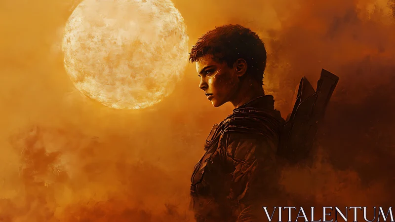 Lone wanderer gazes toward a burning sun in dusty silence