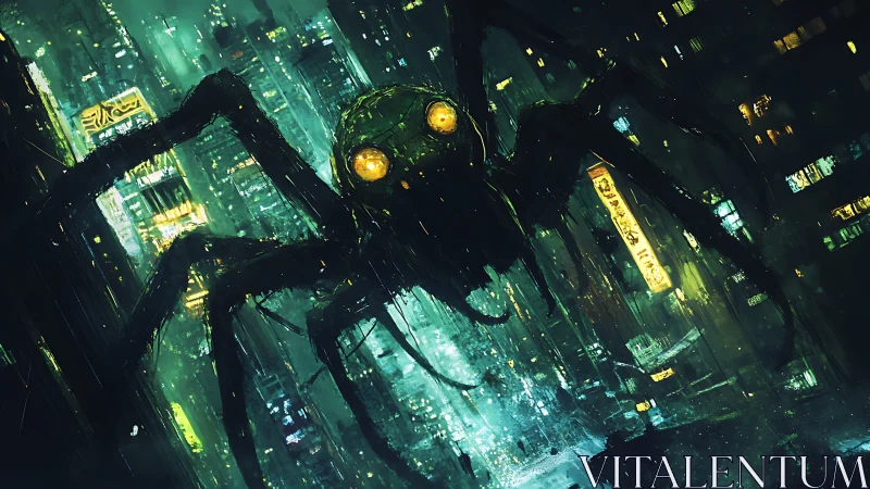 Cyberpunk mech-spider over neon-drenched dystopian skyline.