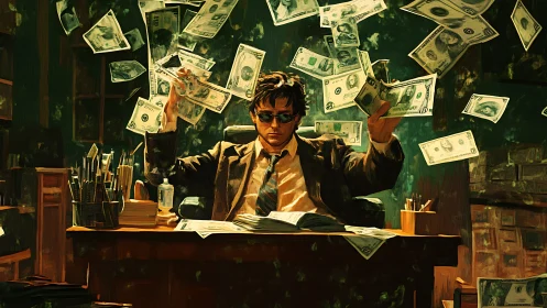 Office worker at cluttered desk under levitating dollar bills