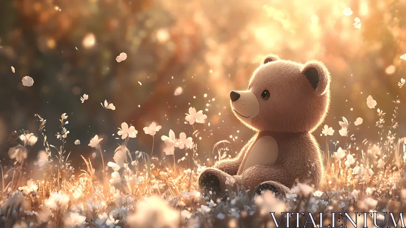 Soft teddy bear basking in glowing sunset meadow light.