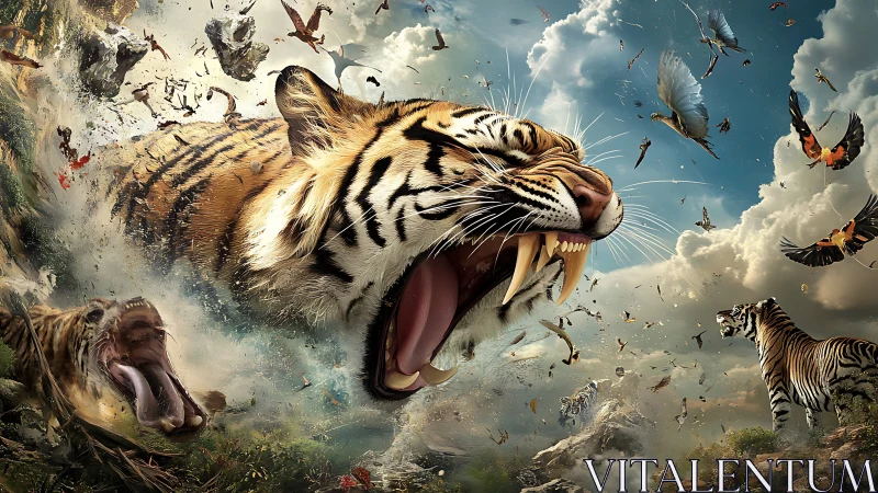 Roaring tiger explodes through stormy sky in wild upheaval