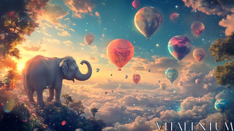 Gentle sky elephant watching a carnival of bright balloons.