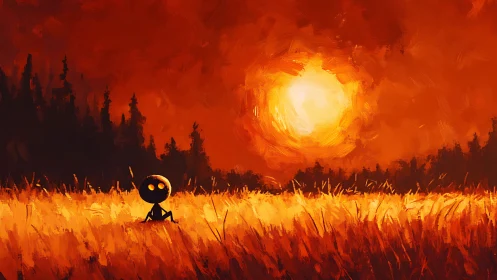 Small silhouetted figure watches a blazing orange sunset.