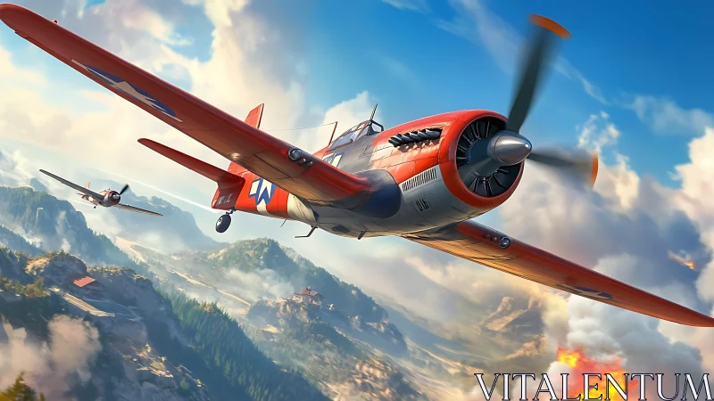 Vintage red fighter jets diving above sunlit mountain warzone.