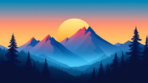 Stylized alpine sunset with layered gradients and silhouettes