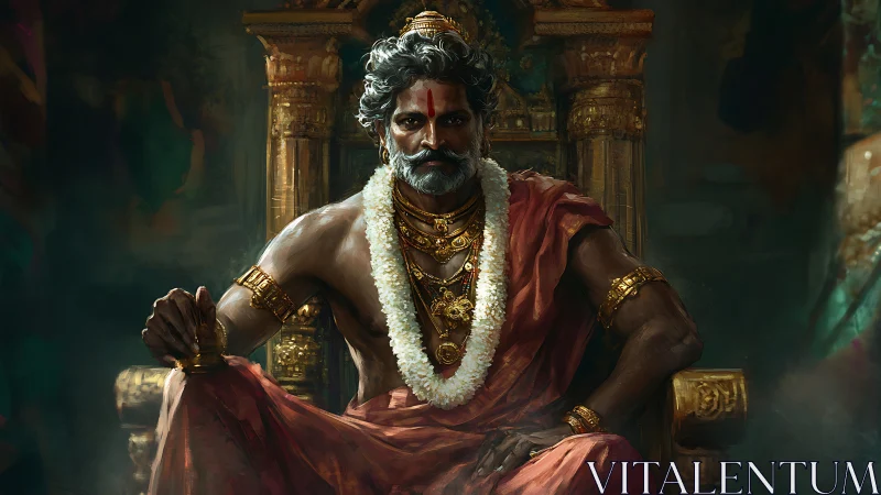 Digital painting of regal warrior king on ornate golden throne.