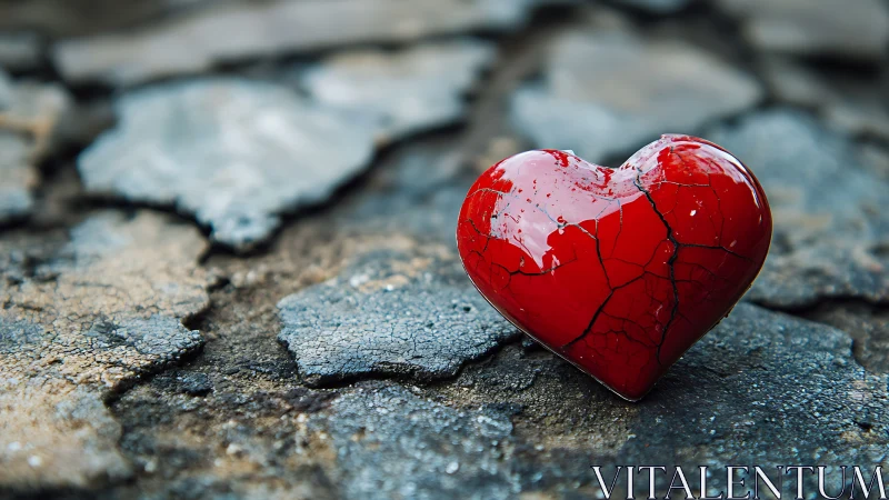 Cracked Red Heart Resting on Weathered Textured Ground Surface