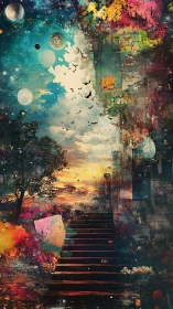 Stairway of twin skies winding through cosmic garden dreams.