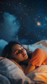 Young woman sleeping peacefully under starry night sky.