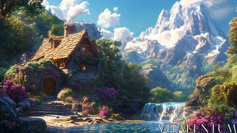 Alpine cottage beside tiered waterfall in luminous fantasy valley.