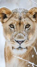 Lioness face in snow with frontal close-up perspective.