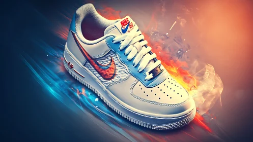 Nike Air Force style sneaker in blue and orange lighting.