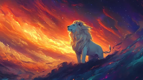 White lion on ridge under vivid orange cosmic sky.