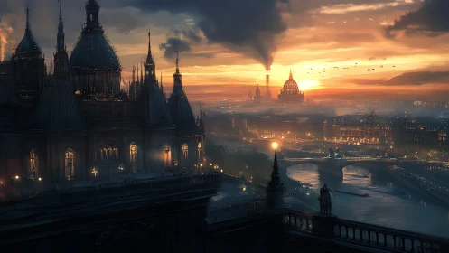 Sunset over grand domed city with river and bridges.