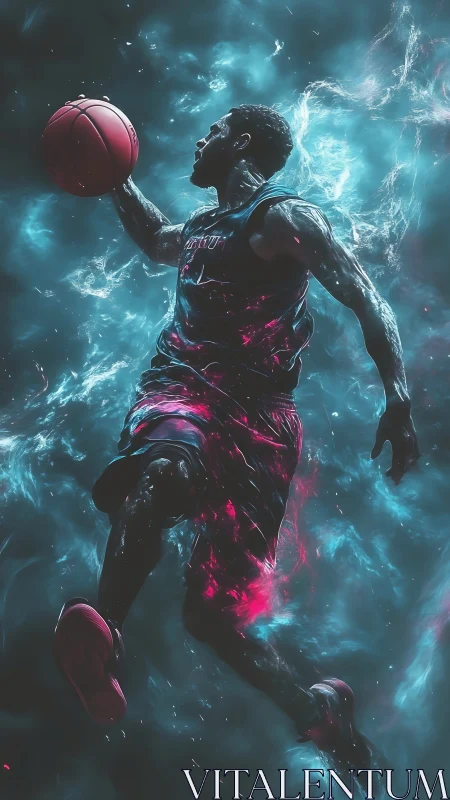 Neon-charged basketball dunk in dynamic digital painting style.