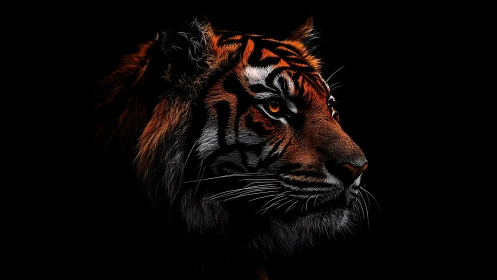 Low key side portrait of tiger with dramatic rim lighting