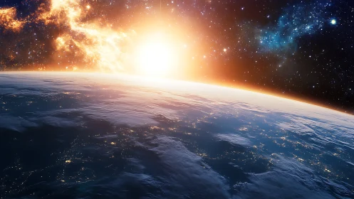 Glowing sunrise spills over Earth’s curved horizon from space.