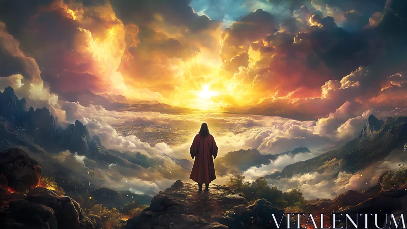 Solitary figure overlooking radiant celestial valley at dawn.