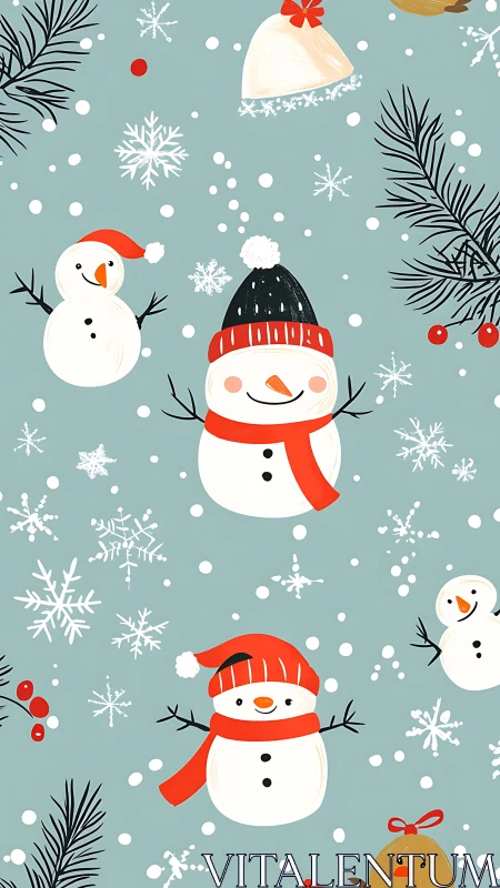 Snowmen, snowflakes, and foliage form a repeating pattern