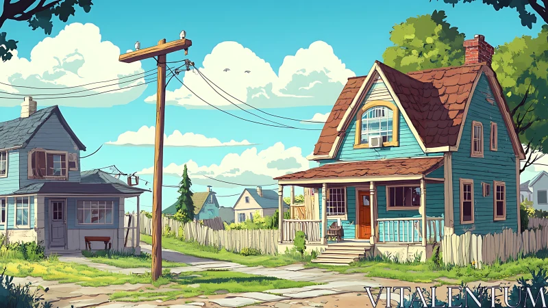 Sunlit blue cottage and neighbor house in quiet suburban lane