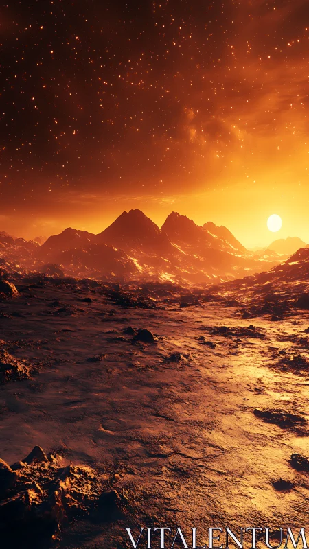 Alien desert sunrise over molten ridges under amber sky