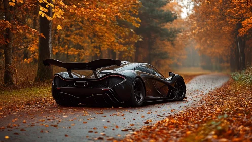 Midnight hypercar gliding through copper-burnished autumn hush.