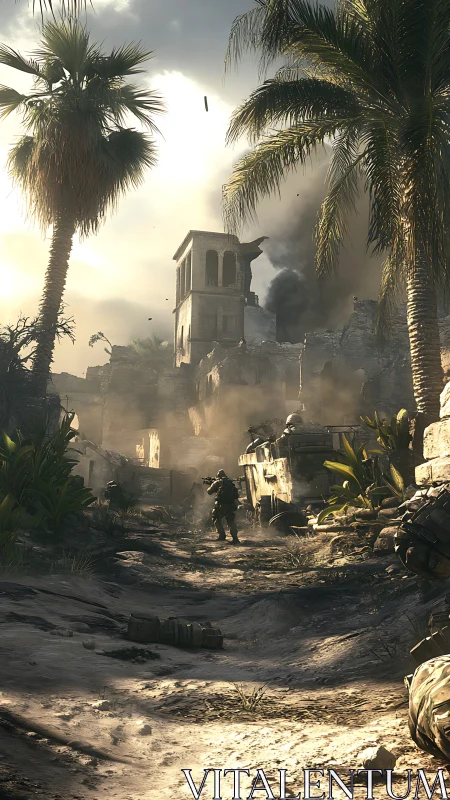 Armored infantry advancing through sunlit urban warzone ruins