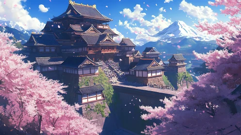 Sakura-framed mountain castle complex under clear blue sky.