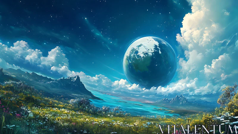 Vast alien meadow unfolds beneath suspended blue world.