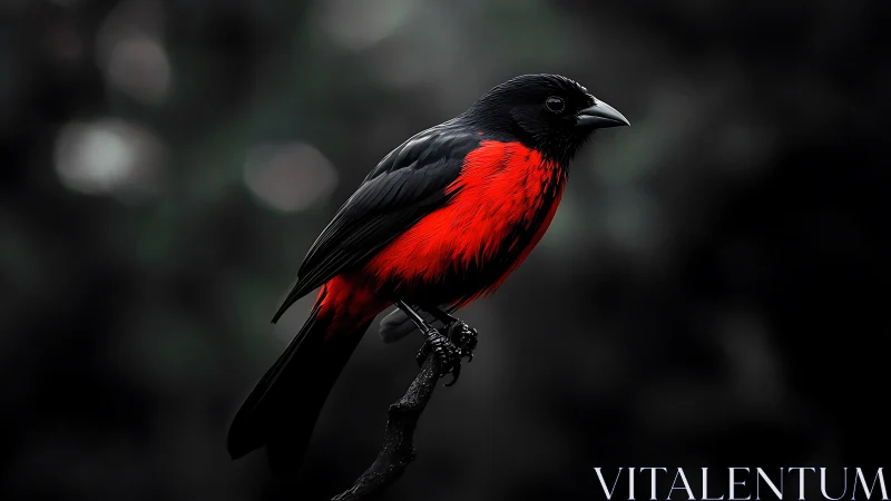 Striking Scarlet and Black Bird on Branch, Artistic Dark Background.