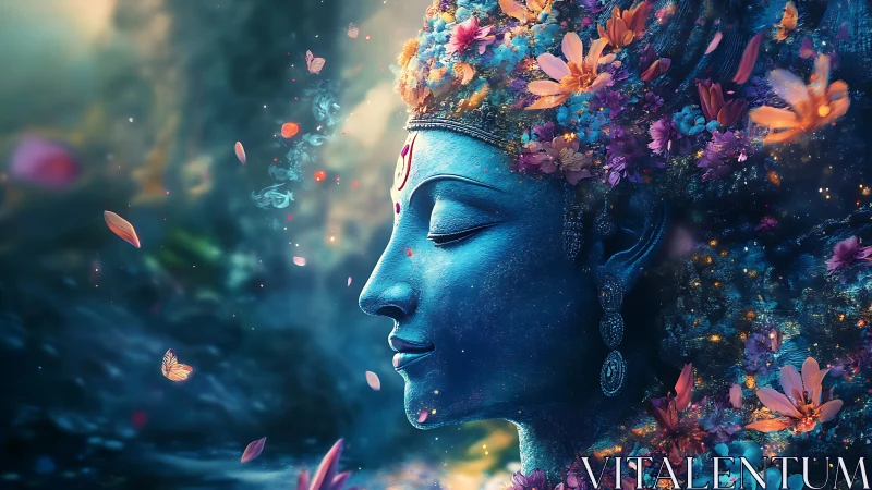 Blue deity profile with floral elements and butterflies.