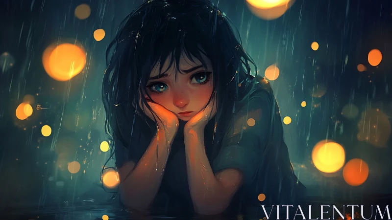 Raindrops cradle a wistful girl wrapped in floating lights