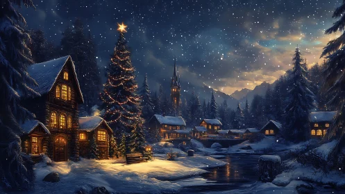 Snow-laden alpine village with illuminated Christmas tree at dusk