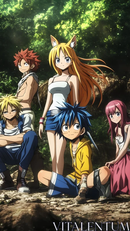 Anime adventuring party posed in sunlit forest with dynamic shading