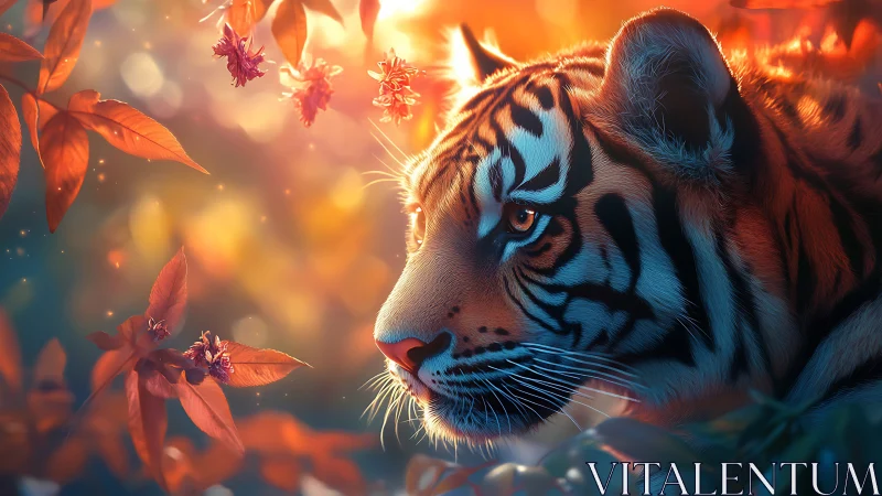 Side-lit Bengal tiger portrait in luminous autumn foliage glow
