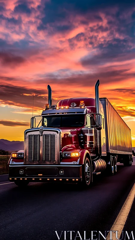 Chromed long‑haul semi under saturated sunset sky gradient.