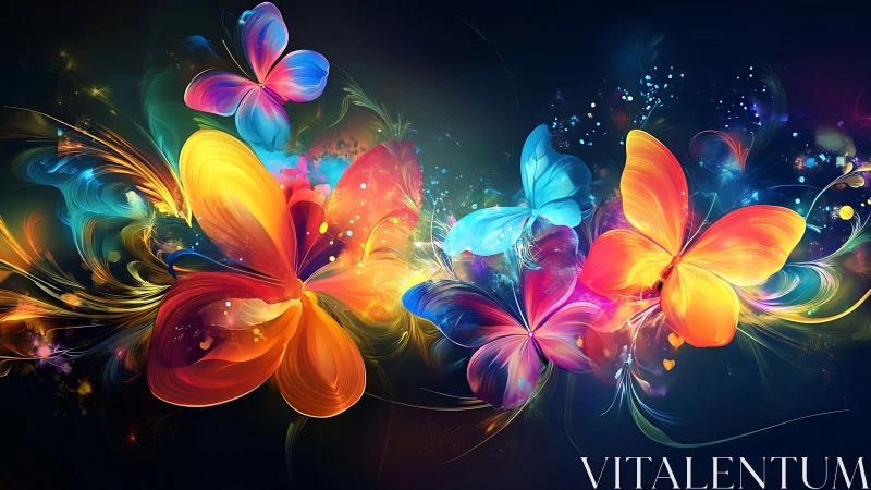 Radiant rainbow butterflies dancing across a dreamy night.