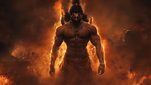 Muscular warrior figure emerging from fire and smoke.