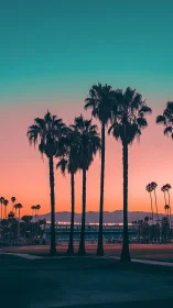 Tall palm trees frame a neon sunset over distant stadium.