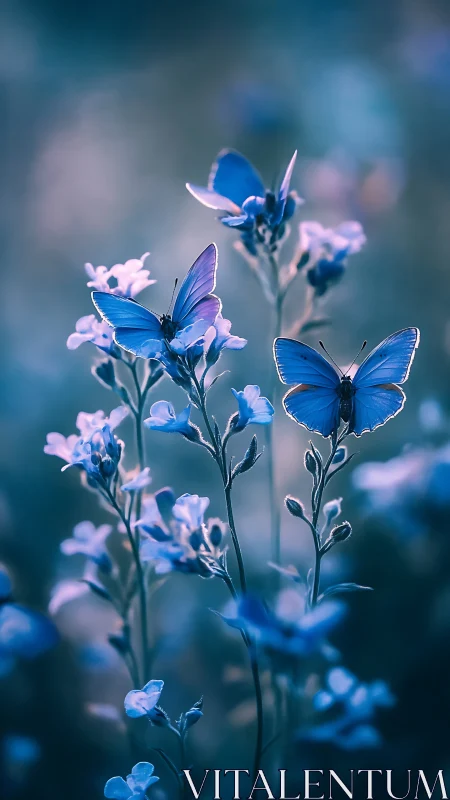 Photorealistic macro study of blue butterflies in bokeh meadow.