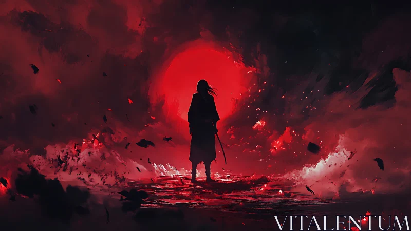 Silhouetted swordsman stands before large red circular light