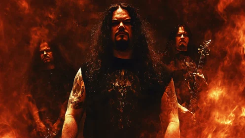 Fiery metal band stands strong amid swirling orange flames