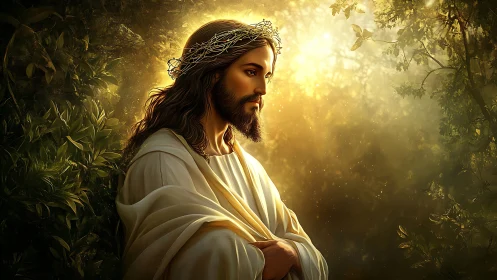 Religious figure with crown of thorns in sunlit forest setting.