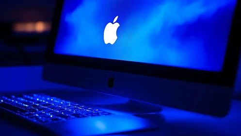 Apple desktop computer with blue screen and keyboard glow.